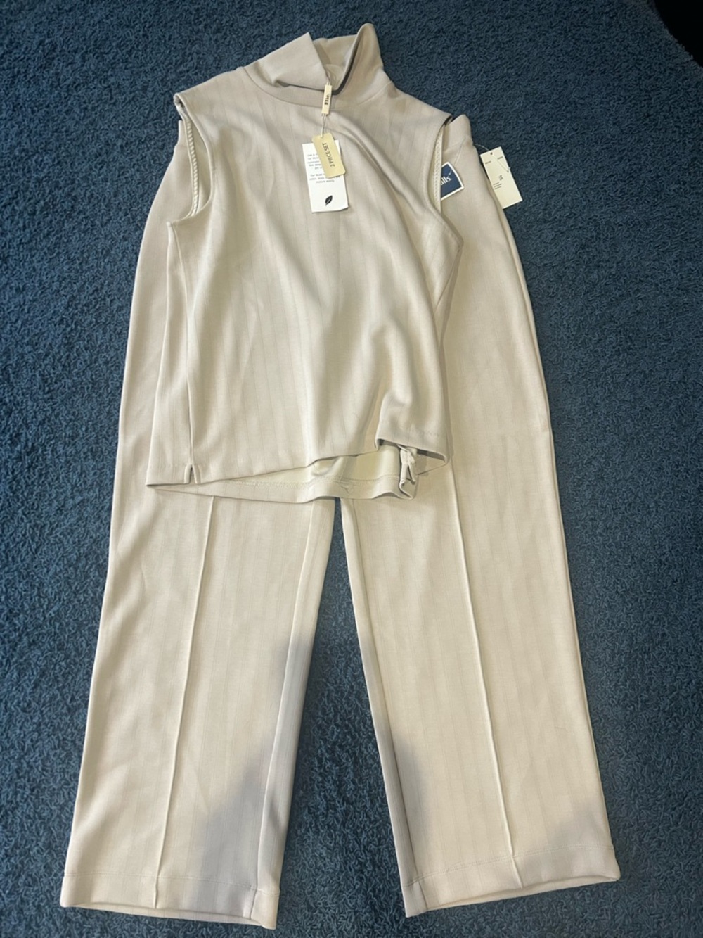 Eileen Fisher Neutral Sleeveless Mock Neck Top & Wide Leg Pants Set - Cream